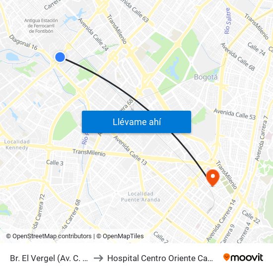 Br. El Vergel (Av. C. De Cali - Cl 18) to Hospital Centro Oriente Cami Samper Mendoza map