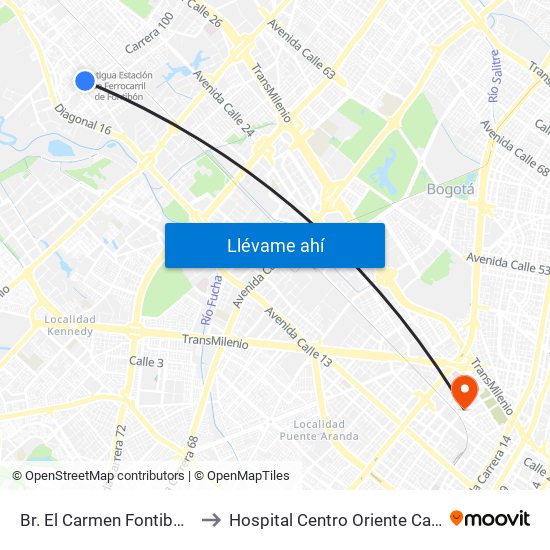 Br. El Carmen Fontibón (Cl 17 - Kr 100) to Hospital Centro Oriente Cami Samper Mendoza map