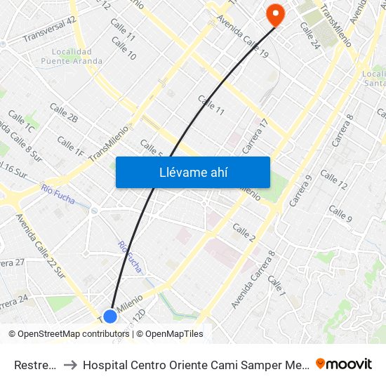 Restrepo to Hospital Centro Oriente Cami Samper Mendoza map
