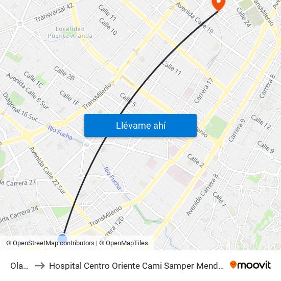 Olaya to Hospital Centro Oriente Cami Samper Mendoza map