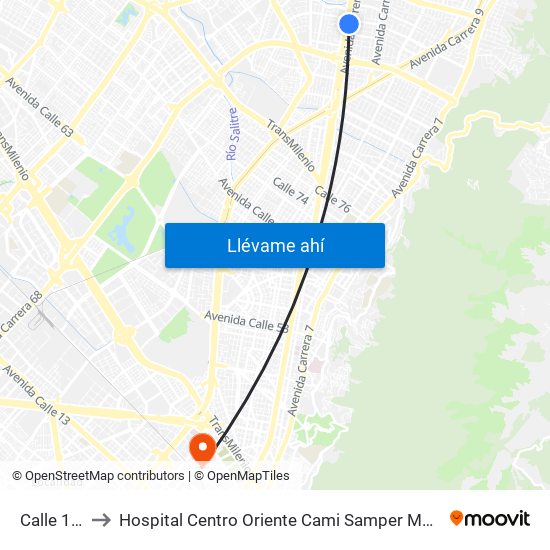 Calle 106 to Hospital Centro Oriente Cami Samper Mendoza map