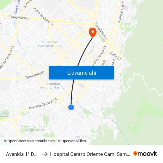 Avenida 1° De Mayo to Hospital Centro Oriente Cami Samper Mendoza map