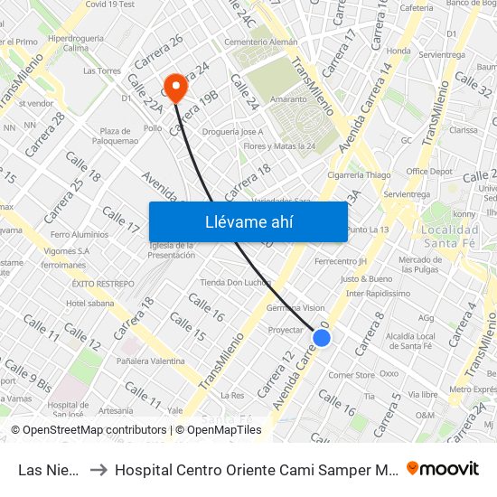 Las Nieves to Hospital Centro Oriente Cami Samper Mendoza map