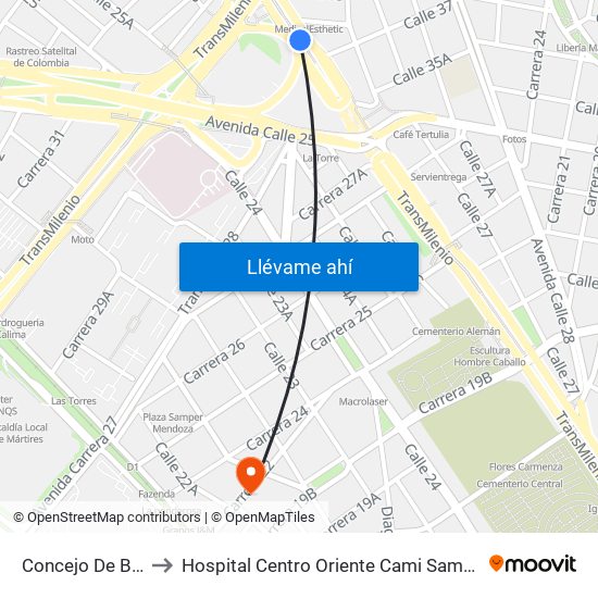 Concejo De Bogotá to Hospital Centro Oriente Cami Samper Mendoza map