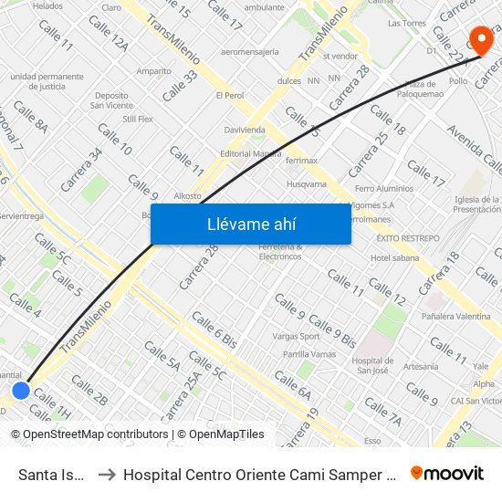 Santa Isabel to Hospital Centro Oriente Cami Samper Mendoza map