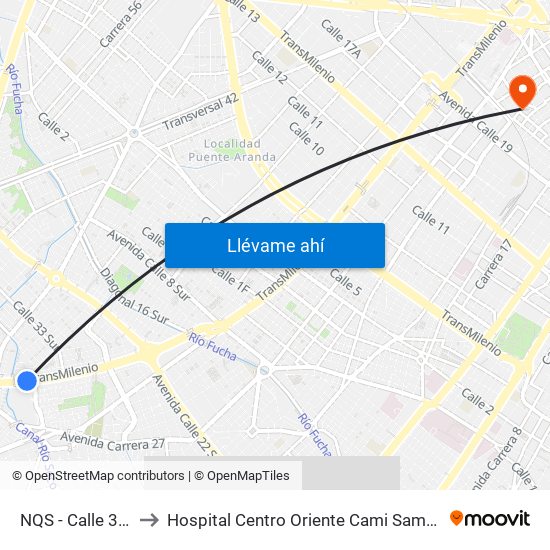 NQS - Calle 38a Sur to Hospital Centro Oriente Cami Samper Mendoza map