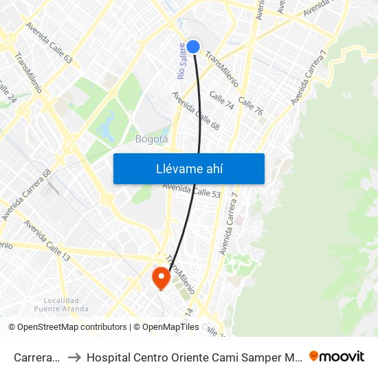 Carrera 47 to Hospital Centro Oriente Cami Samper Mendoza map