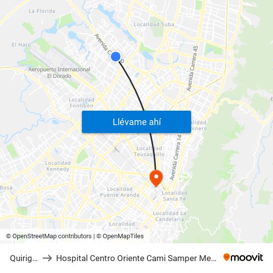 Quirigua to Hospital Centro Oriente Cami Samper Mendoza map