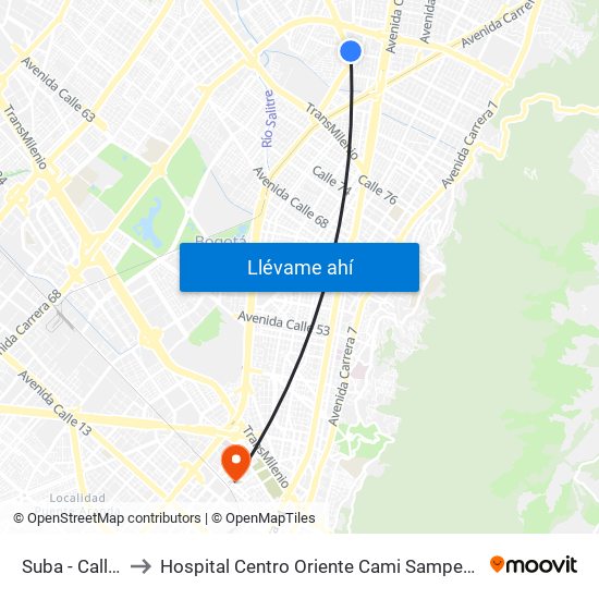 Suba - Calle 95 to Hospital Centro Oriente Cami Samper Mendoza map