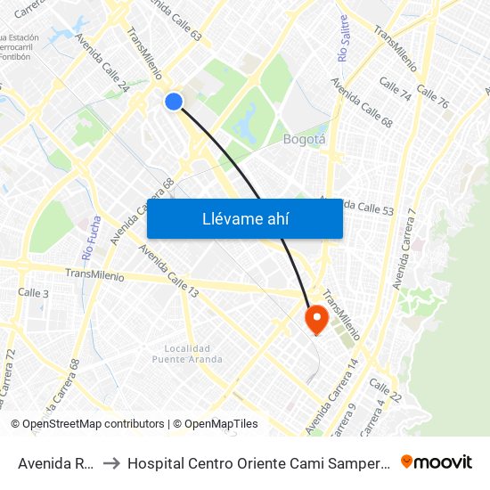 Avenida Rojas to Hospital Centro Oriente Cami Samper Mendoza map