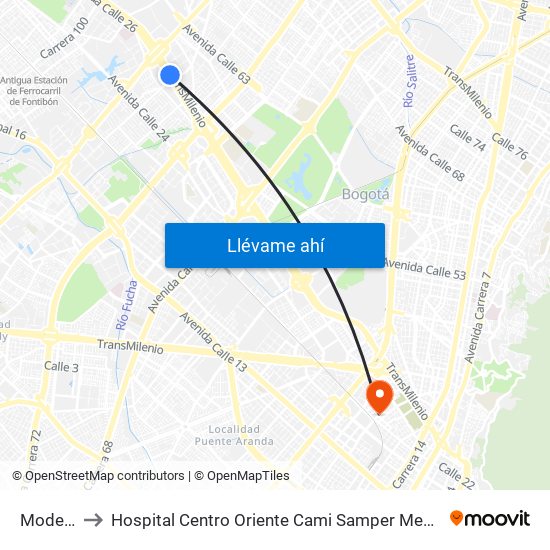 Modelia to Hospital Centro Oriente Cami Samper Mendoza map