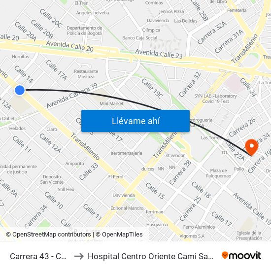 Carrera 43 - Comapan to Hospital Centro Oriente Cami Samper Mendoza map
