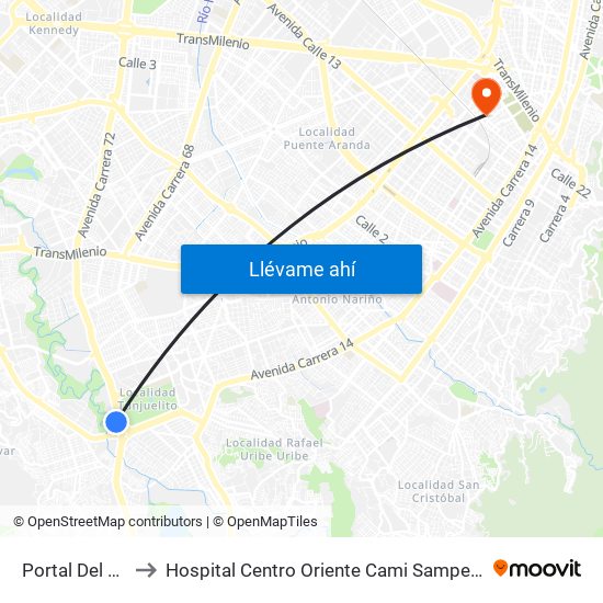 Portal Del Tunal to Hospital Centro Oriente Cami Samper Mendoza map