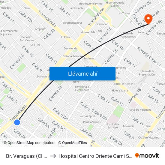 Br. Veraguas (Cl 3 - Kr 29a) to Hospital Centro Oriente Cami Samper Mendoza map