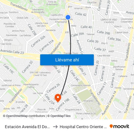 Estación Avenida El Dorado (Av. NQS - Cl 40a) to Hospital Centro Oriente Cami Samper Mendoza map