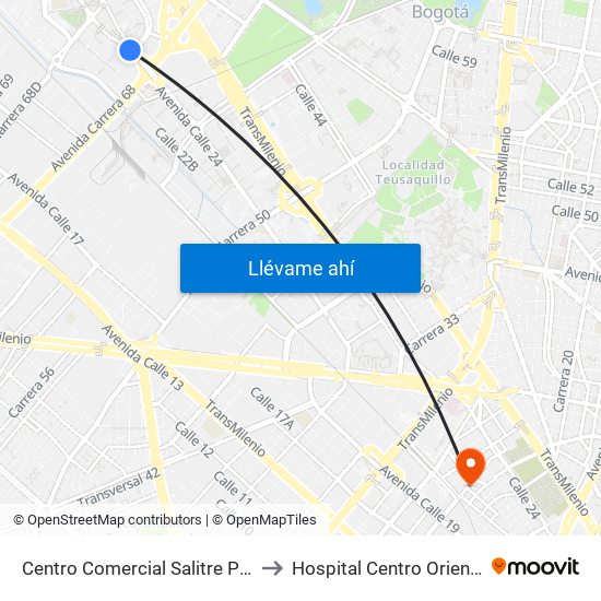 Centro Comercial Salitre Plaza (Av. La Esperanza - Kr 68a) to Hospital Centro Oriente Cami Samper Mendoza map