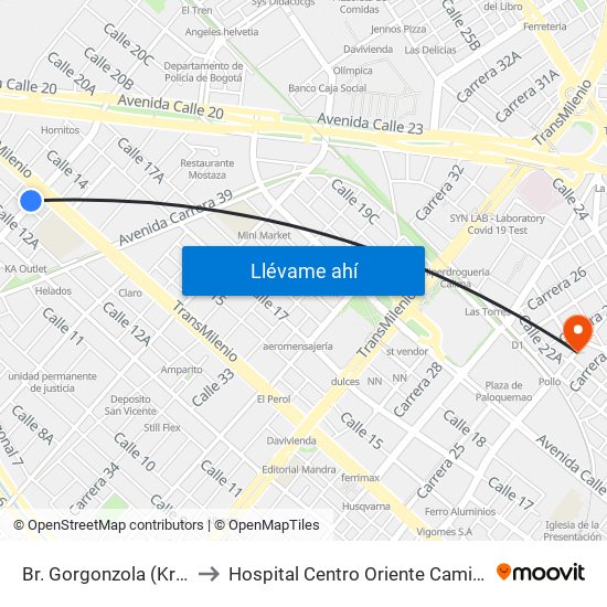 Br. Gorgonzola (Kr 43 - Cl 12b) to Hospital Centro Oriente Cami Samper Mendoza map