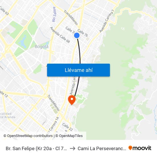 Br. San Felipe (Kr 20a - Cl 74) to Cami La Perseverancia map