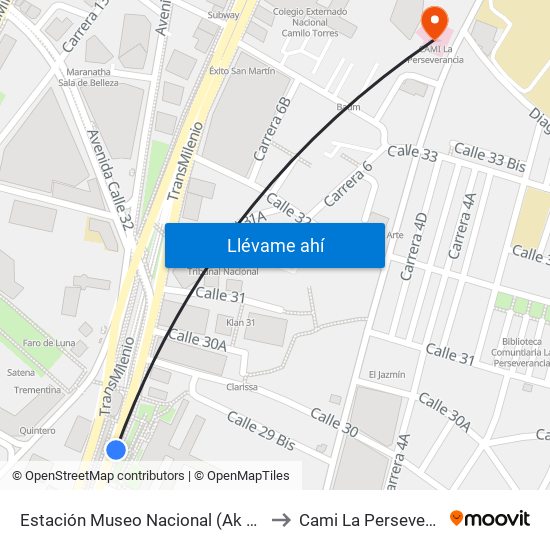 Estación Museo Nacional (Ak 7 - Cl 29) to Cami La Perseverancia map