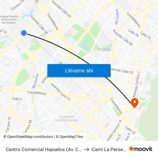 Centro Comercial Hayuelos (Av. C. De Cali - Cl 20) to Cami La Perseverancia map