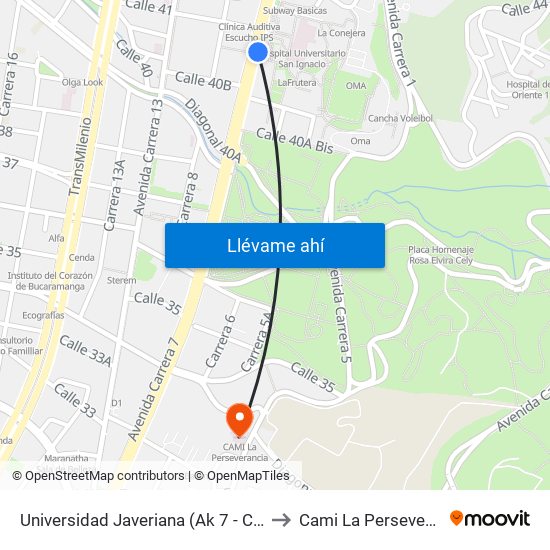 Universidad Javeriana (Ak 7 - Cl 40) (B) to Cami La Perseverancia map