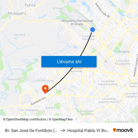 Br. San José De Fontibón (Ac 26 - Kr 96a) to Hospital Pablo VI Bosa Urgencias map