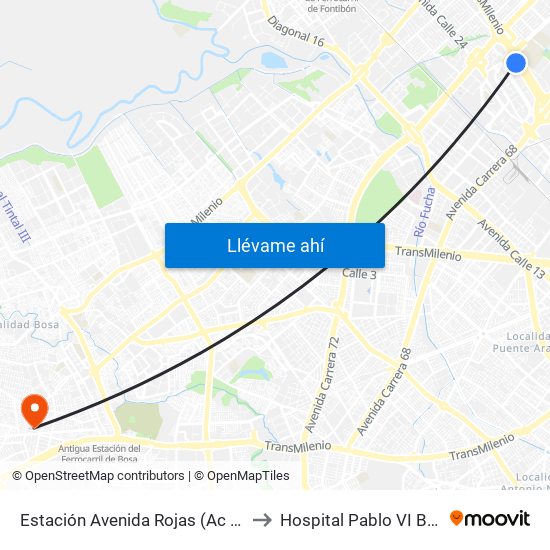 Estación Avenida Rojas (Ac 26 - Kr 69d Bis) (B) to Hospital Pablo VI Bosa Urgencias map