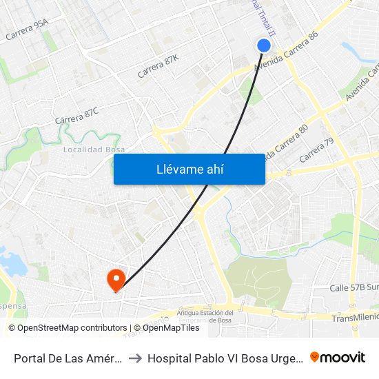 Portal De Las Américas to Hospital Pablo VI Bosa Urgencias map