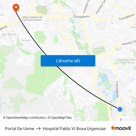 Portal De Usme to Hospital Pablo VI Bosa Urgencias map