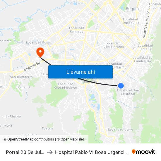 Portal 20 De Julio to Hospital Pablo VI Bosa Urgencias map