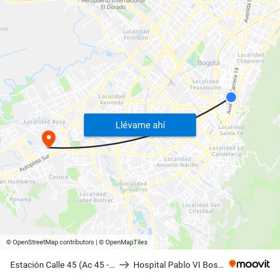 Estación Calle 45 (Ac 45 - Av. Caracas) to Hospital Pablo VI Bosa Urgencias map