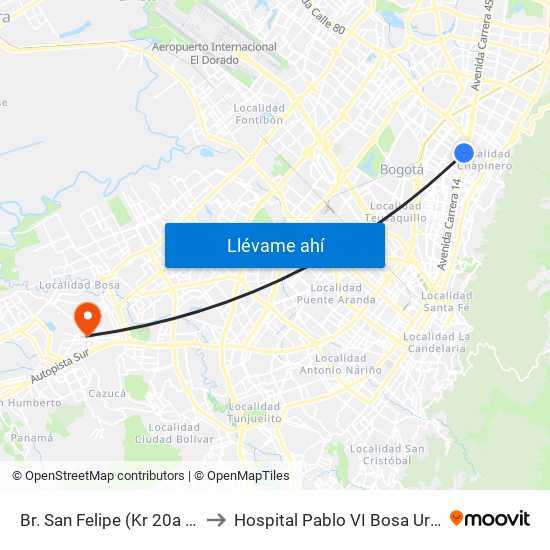 Br. San Felipe (Kr 20a - Cl 74) to Hospital Pablo VI Bosa Urgencias map