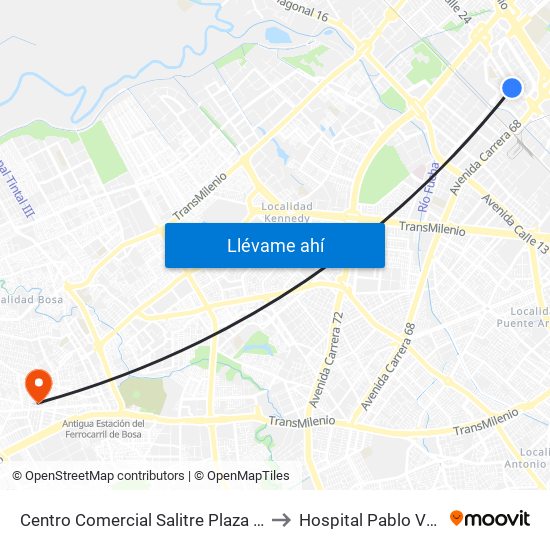 Centro Comercial Salitre Plaza (Av. La Esperanza - Kr 68b) to Hospital Pablo VI Bosa Urgencias map