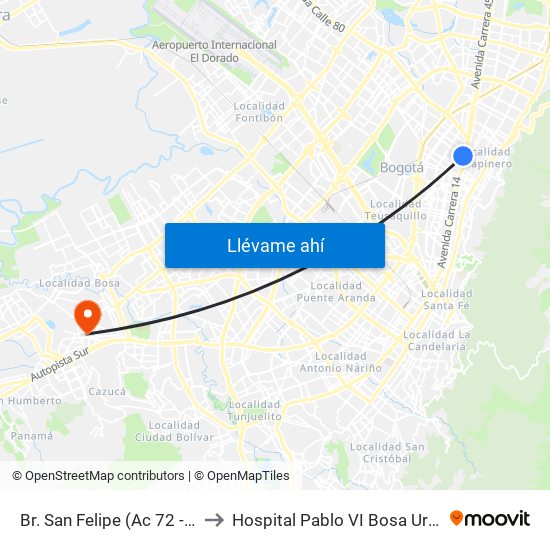 Br. San Felipe (Ac 72 - Kr 17) to Hospital Pablo VI Bosa Urgencias map