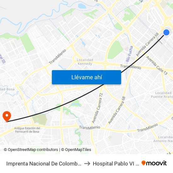 Imprenta Nacional De Colombia (Av. Esperanza - Kr 66) to Hospital Pablo VI Bosa Urgencias map