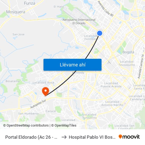 Portal Eldorado (Ac 26 - Av. C. De Cali) to Hospital Pablo VI Bosa Urgencias map