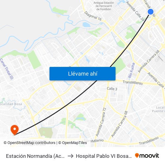 Estación Normandía (Ac 26 - Kr 74) to Hospital Pablo VI Bosa Urgencias map