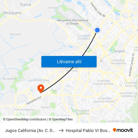 Jugos California (Av. C. De Cali - Ac 63) to Hospital Pablo VI Bosa Urgencias map