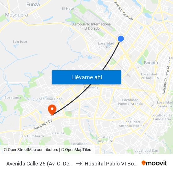 Avenida Calle 26 (Av. C. De Cali - Cl 51) (A) to Hospital Pablo VI Bosa Urgencias map