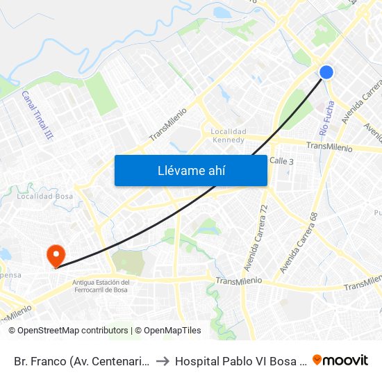 Br. Franco (Av. Centenario - Kr 69b) to Hospital Pablo VI Bosa Urgencias map