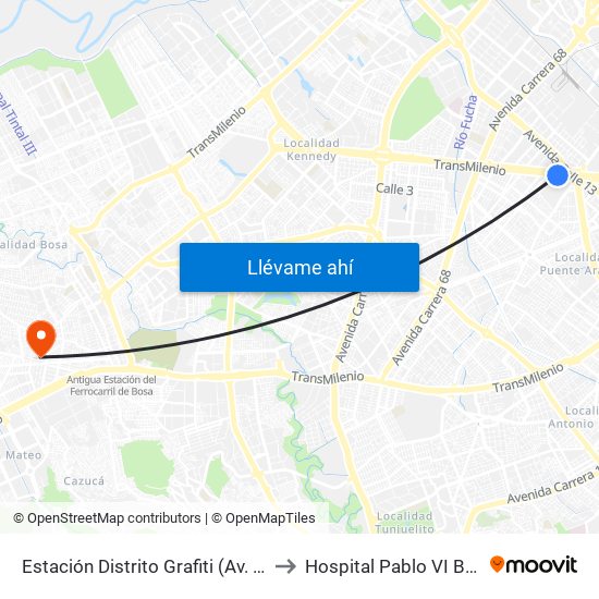 Estación Distrito Grafiti (Av. Américas - Kr 53a) to Hospital Pablo VI Bosa Urgencias map