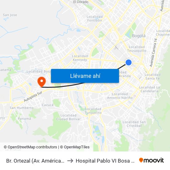 Br. Ortezal (Av. Américas - Tv 39) to Hospital Pablo VI Bosa Urgencias map