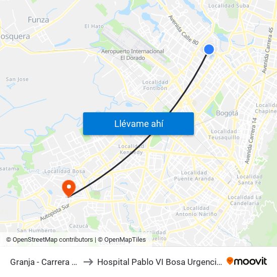 Granja - Carrera 77 to Hospital Pablo VI Bosa Urgencias map