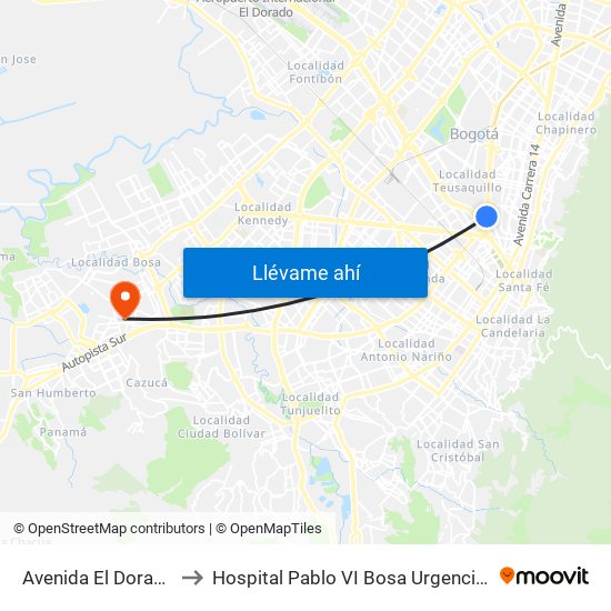 Avenida El Dorado to Hospital Pablo VI Bosa Urgencias map