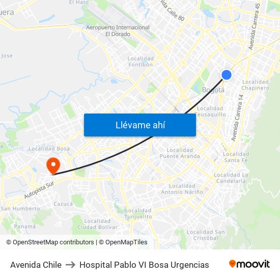 Avenida Chile to Hospital Pablo VI Bosa Urgencias map