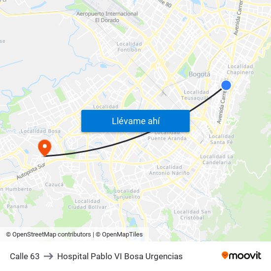 Calle 63 to Hospital Pablo VI Bosa Urgencias map