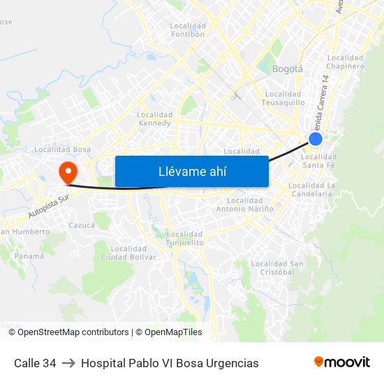 Calle 34 to Hospital Pablo VI Bosa Urgencias map