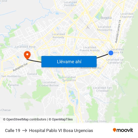 Calle 19 to Hospital Pablo VI Bosa Urgencias map