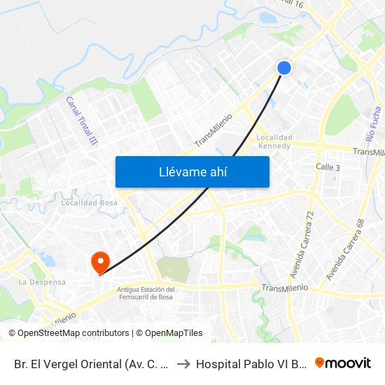 Br. El Vergel Oriental (Av. C. De Cali - Cl 10b) (A) to Hospital Pablo VI Bosa Urgencias map