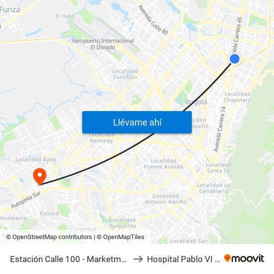 Estación Calle 100 - Marketmedios (Auto Norte - Cl 98) to Hospital Pablo VI Bosa Urgencias map